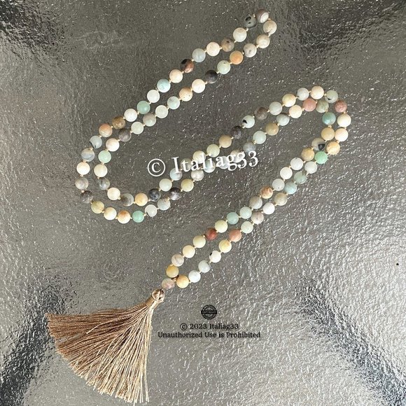 Mala Amazonite Beads Necklace Natural Matte Gemstone Silk Tassel Meditation New - Picture 11 of 15